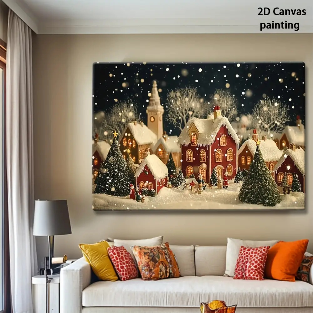 Canvas Wrap Ready - ภาพพิมพ์บนผ้าใบลายวันคริสต์มาสอีฟและเมืองเล็กๆ สไตล์เรโทร 2 มิติ 1 ชิ้น