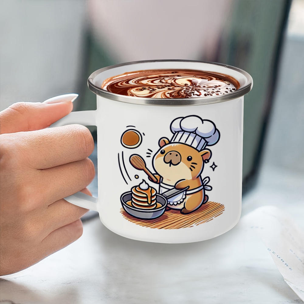 Sublimation Mug White - แก้วเคลือบสีขาวลายแฮมสเตอร์น่ารักพร้อมแพนเค้ก 1 ชิ้น ขอบสีเงินเสริม ดีไซน์ย้อนยุค สำหรับใช้ในบ้าน