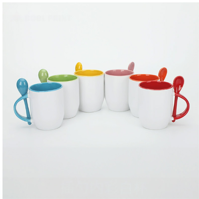 Sublimation Mug White - แก้วกาแฟเปล่าสำหรับพิมพ์ลายแบบซับลิเมชั่น 2 ชิ้น สีขาวด้านใน พร้อมช้อน แก้วเซรามิกสำหรับนม