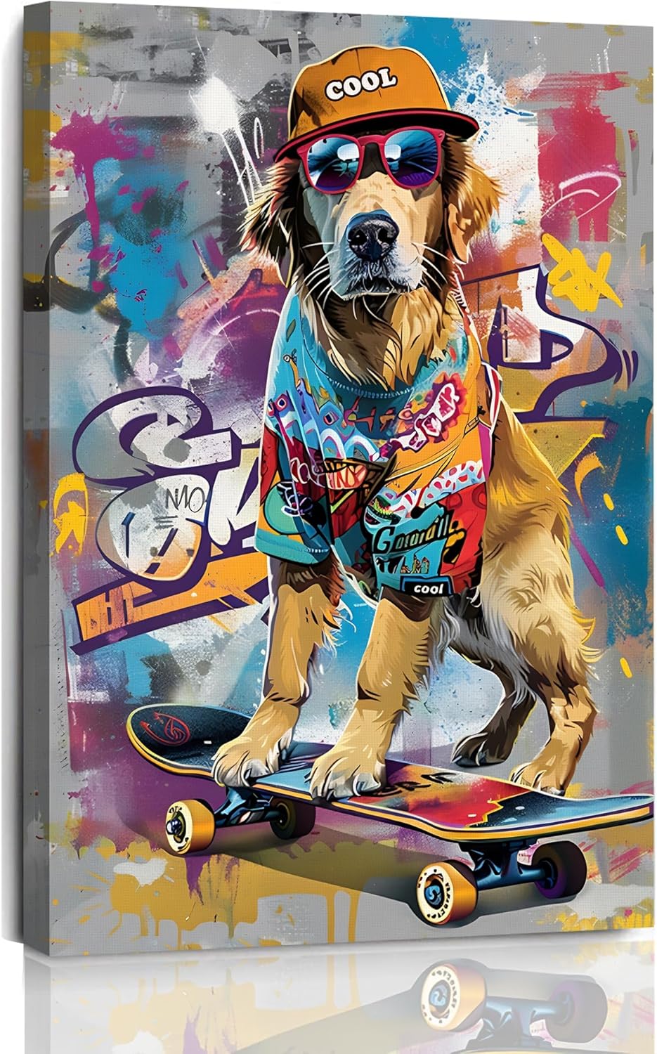 Canvas Wrap Ready - ภาพวาดสุนัขบนผ้าใบหลากสีสันสไตล์แฟนตาซี ศิลปะตกแต่งผนังแนวแฟชั่นเมือง ลายสัตว์และลูกสุนัข พร้อมแขวนสำหรับห้องนอนวัยรุ่น