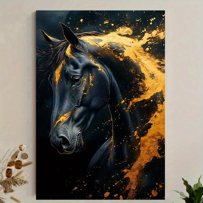 Canvas Wrap Ready - 1 ชิ้นศิลปะผ้าใบม้าสีดำที่หรูหราพร้อมสีทอง - ตกแต่งบ้านไร่สมัยใหม่, ภาพวาดผ้าใบห่อพร้อมแขวนสำหรับ
